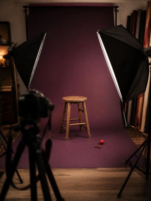 Fotostudio von PetPortraits in Wien mit Kamera, Studiolicht und violettem Hintergrund